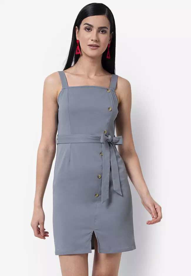 Buy FabAlley Grey Buttoned Strappy Shift Dress with Fabric Belt Online