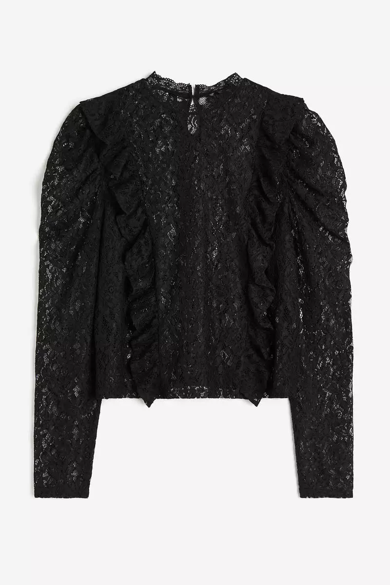 Frill-trimmed puff-sleeved lace top