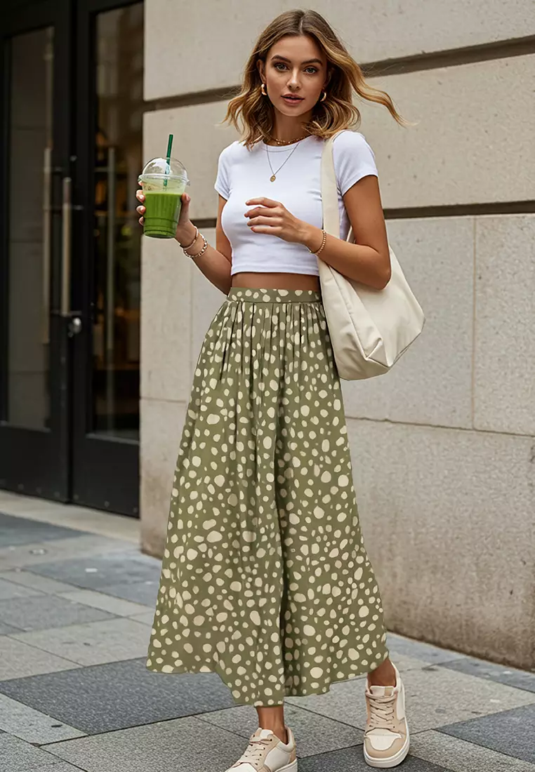 Polka Dot Patterned A-line/Flare Maxi Long Length Woven Skirt TWOSS25ET00156