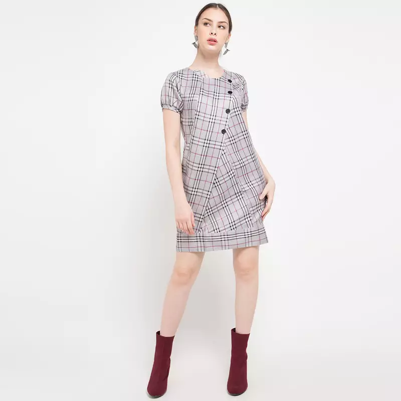 Catie Dress In Light Grey Chequered Print