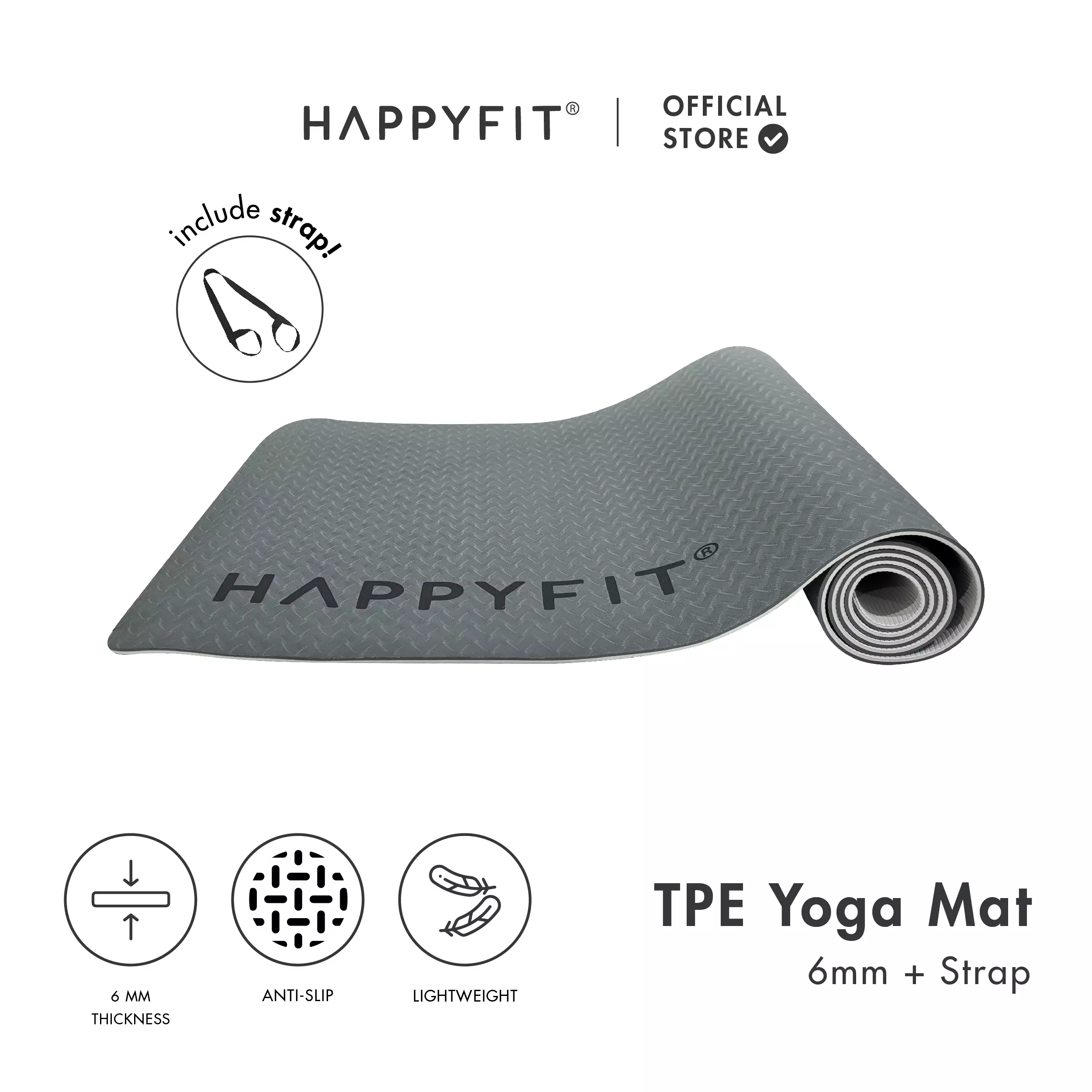 HAPPYFIT - Yoga Mat Polos TPE 6mm Eco Friendly (FREE STRAP) / Matras Yoga / Matras Olahraga / Matras TPE Dark Grey
