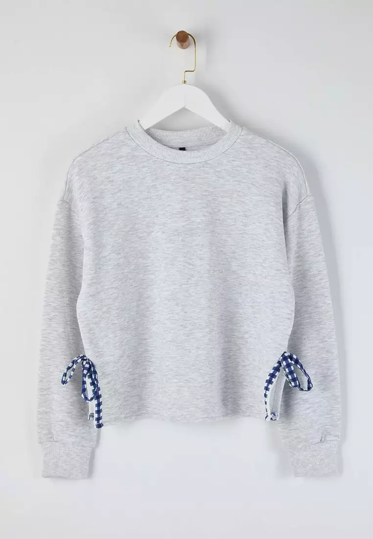 Kar Melanj Ribbon Detailed Crew Neck Thick Fleece Lined Crop Knitted Sweatshirt Twoaw26Sw75