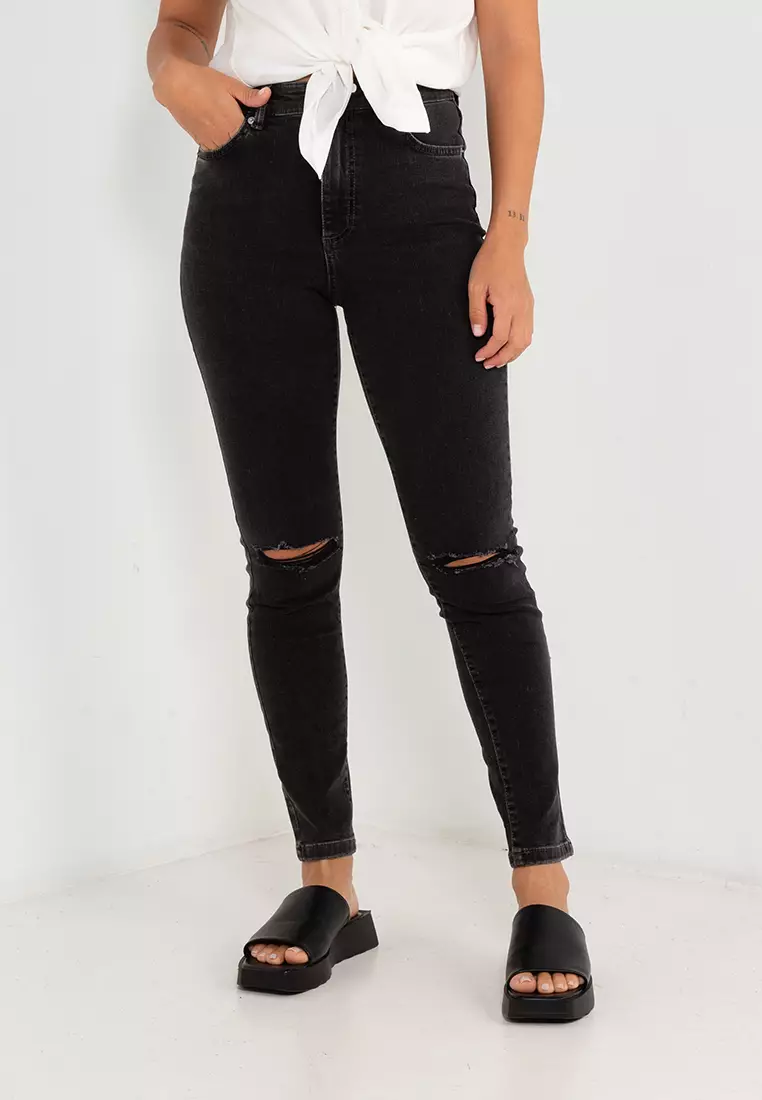 Buy Cotton On High Rise Skinny Jeans in Graphite Black Rip 2024 Online