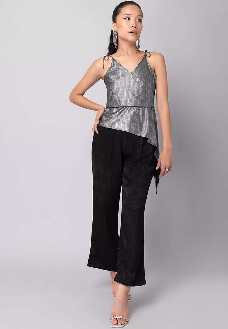 FabAlley Silver Embellished Tie Up Asymmetric Wrap Top