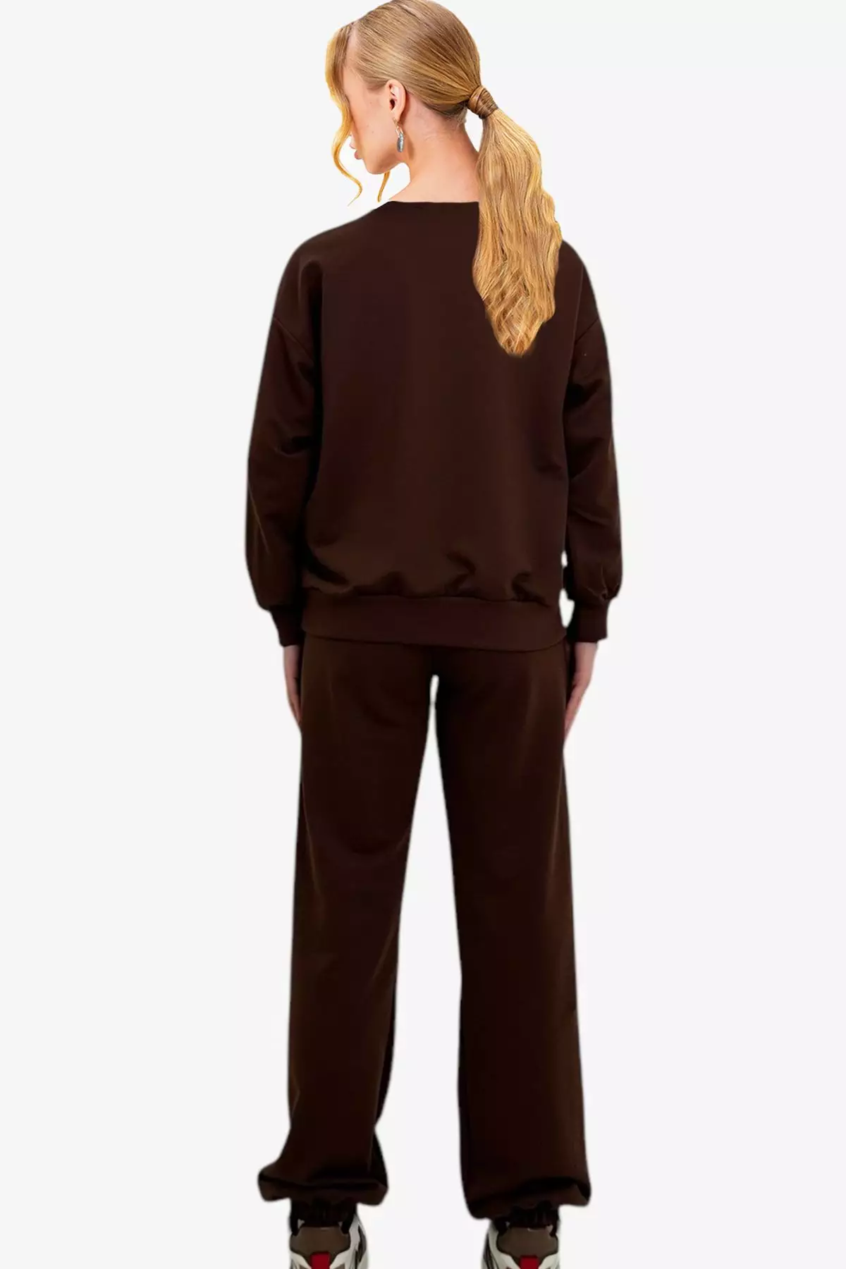 Women's Brown Bike Neck Elastic Waist and Leg Basic Tracksuit