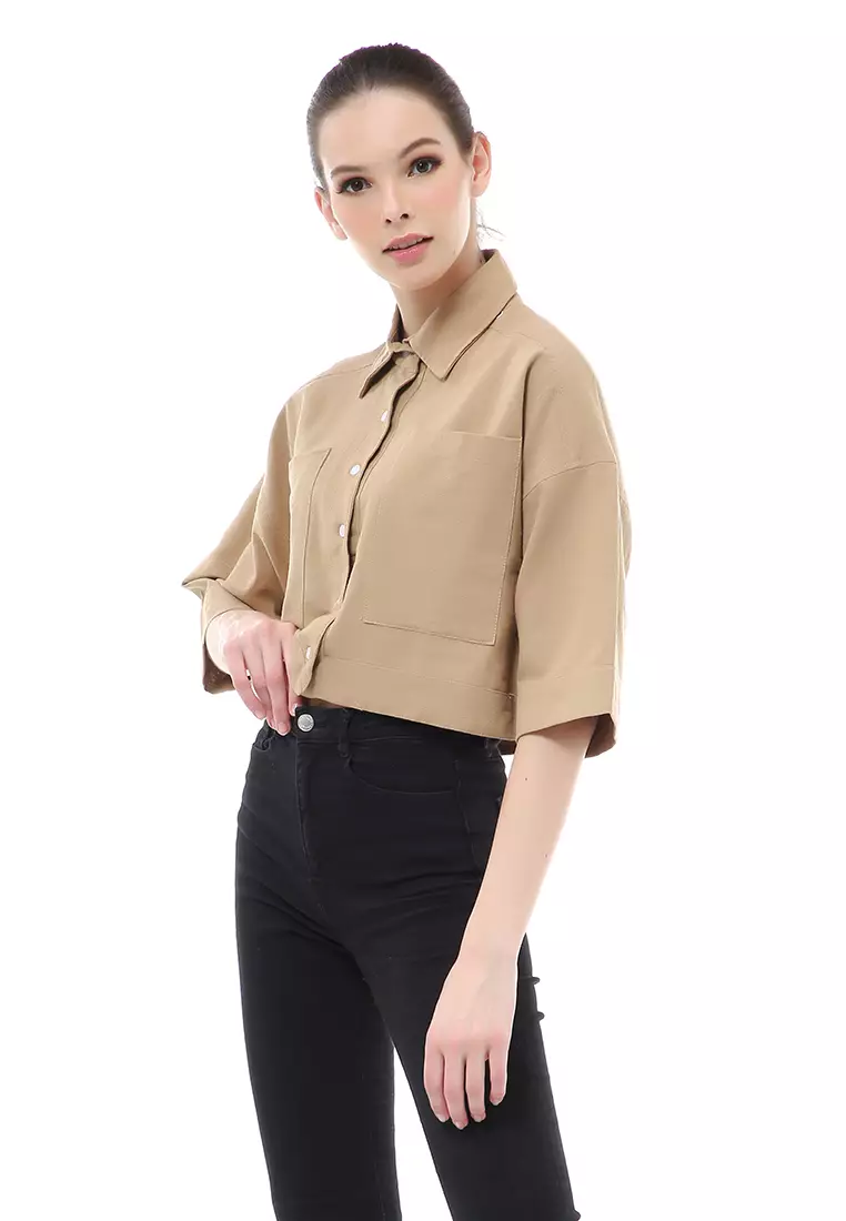 Brielle Atasan Wanita Kemeja Crop Oversize Shirt Lengan Panjang Material Linen ORIGINAL - Mocca