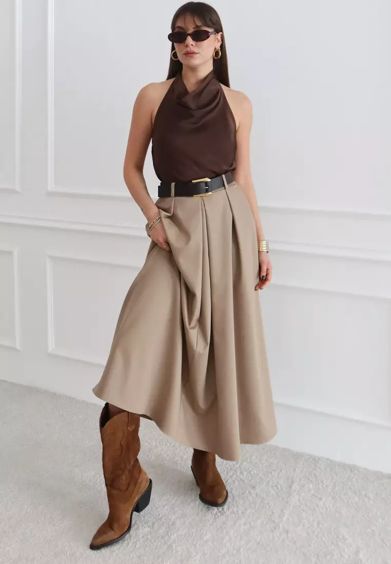 Beige Belted A-Line Flared Woven Maxi Long Skirt Twoaw26Et168