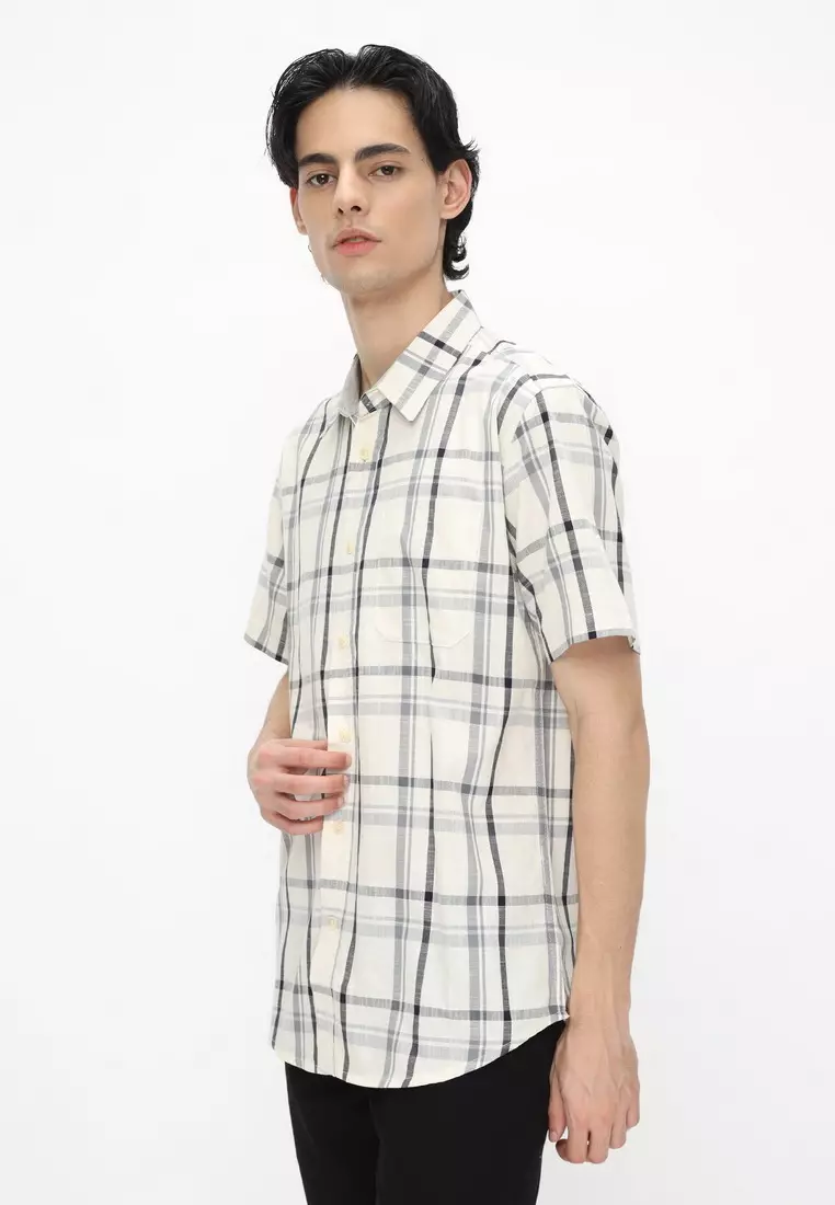 POLICE Kemeja Kotak Cotton Slub Off White Regular Fit Pria
