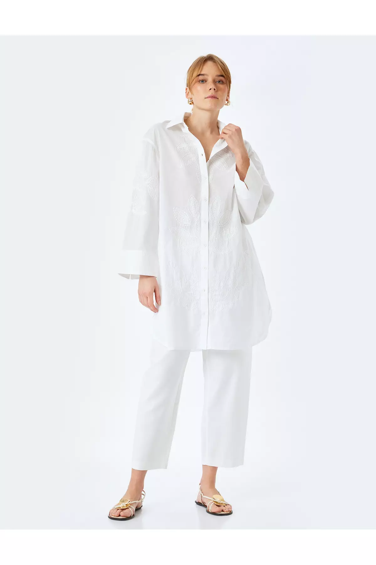 Floral Embroidery Detailed 3/4 Sleeve Shirt Collar Long Oversize Tunic