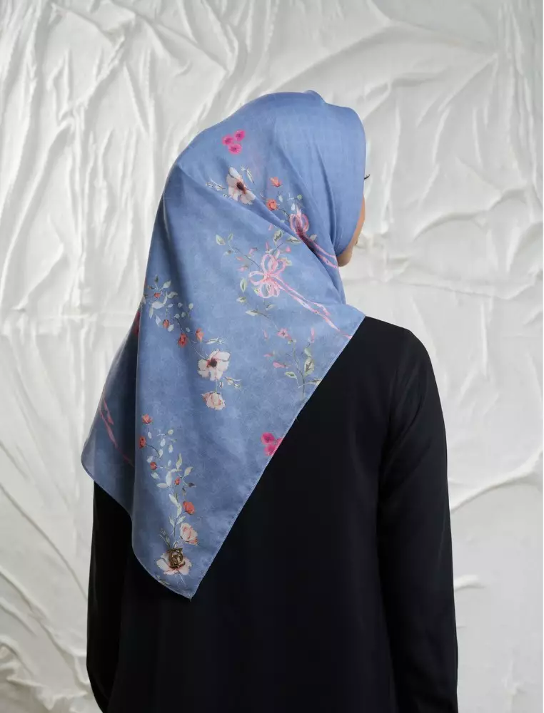FLEUR Scarf Blue - Kerudung Hijab Segiempat Motif With BOX - Bahan Nesla - Ukuran 115x115