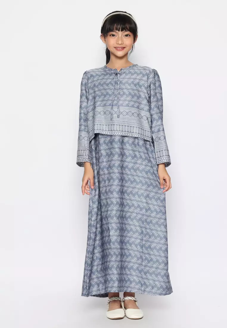 Baju Gamis Anak Perempuan Daun Kecil Navy With Model - BEAUTY