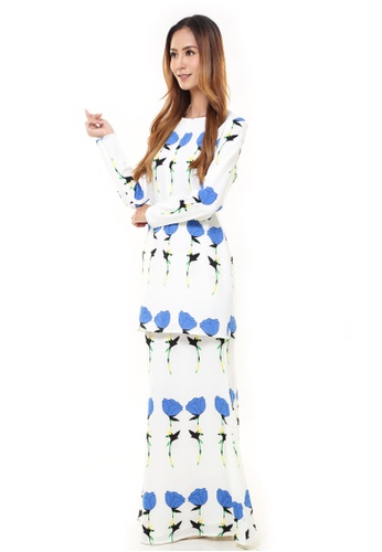Rina Printed Kurung Blue Lily Flower from Rina Nichie Couture in white and Blue