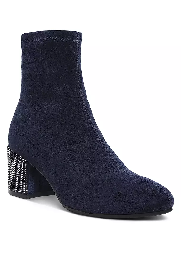 海軍藍水鑽裝飾粗跟靴子