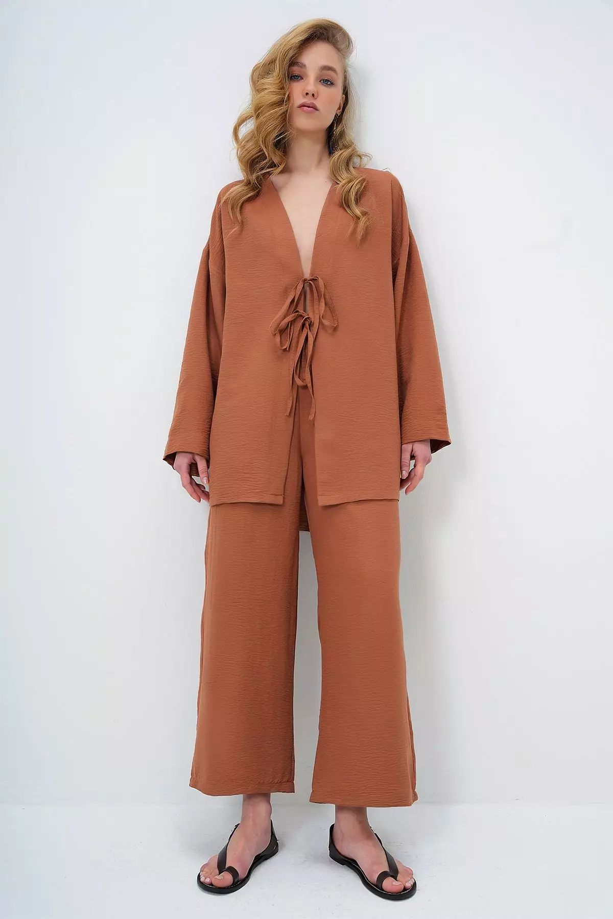Women's Brown Lace-Up Kimono Jacket And Palazzo Pants Set Alc-X12452
