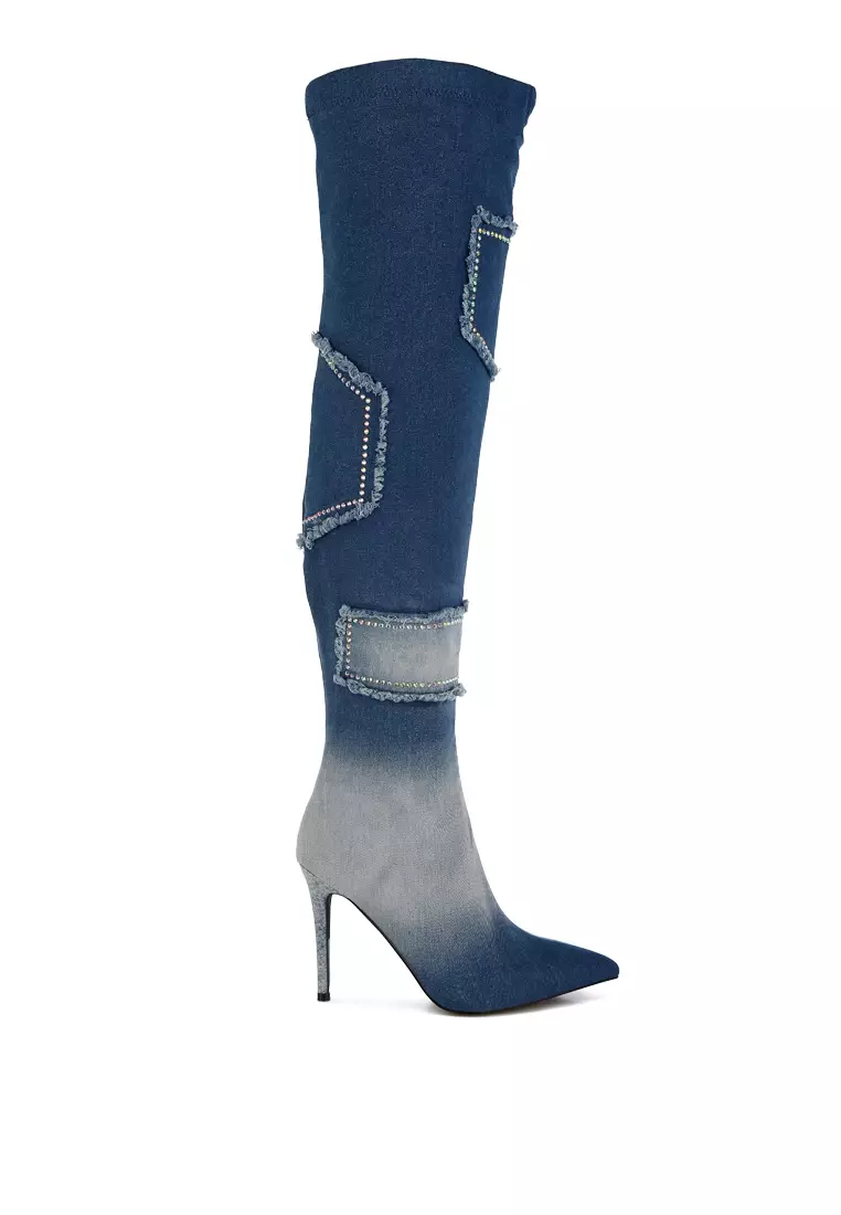Rhinestones Knee High Denim Boots in Dark Blue