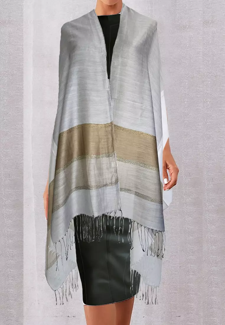 Aksesoris Scarf Wanita Raw Silk Stripes Border Shawl Syal Sutra Wanita Silver & White