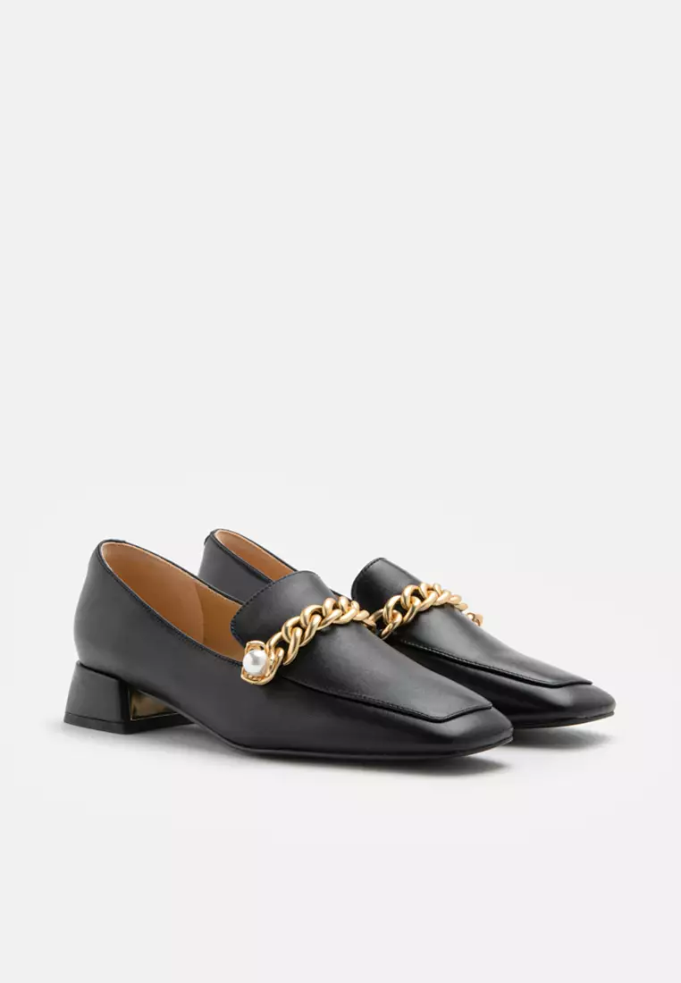 Maisie Pearl Embellished Chain Loafer Heels Black