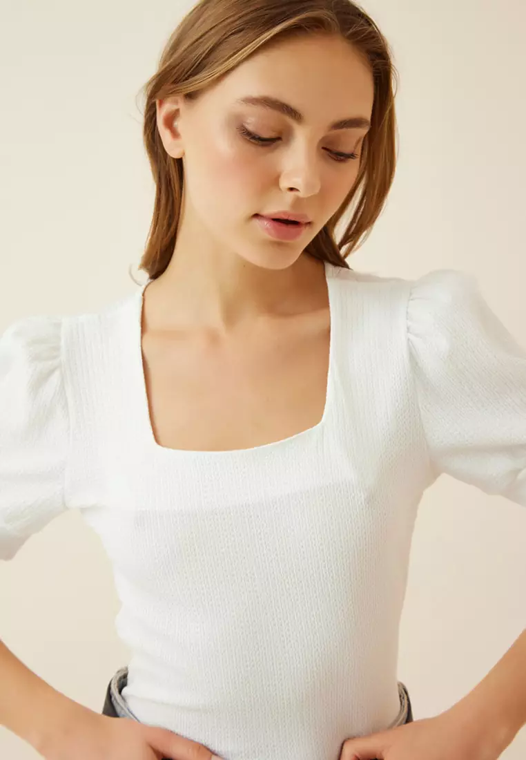 Square Collar Balloon Sleeves Knitted Blouse