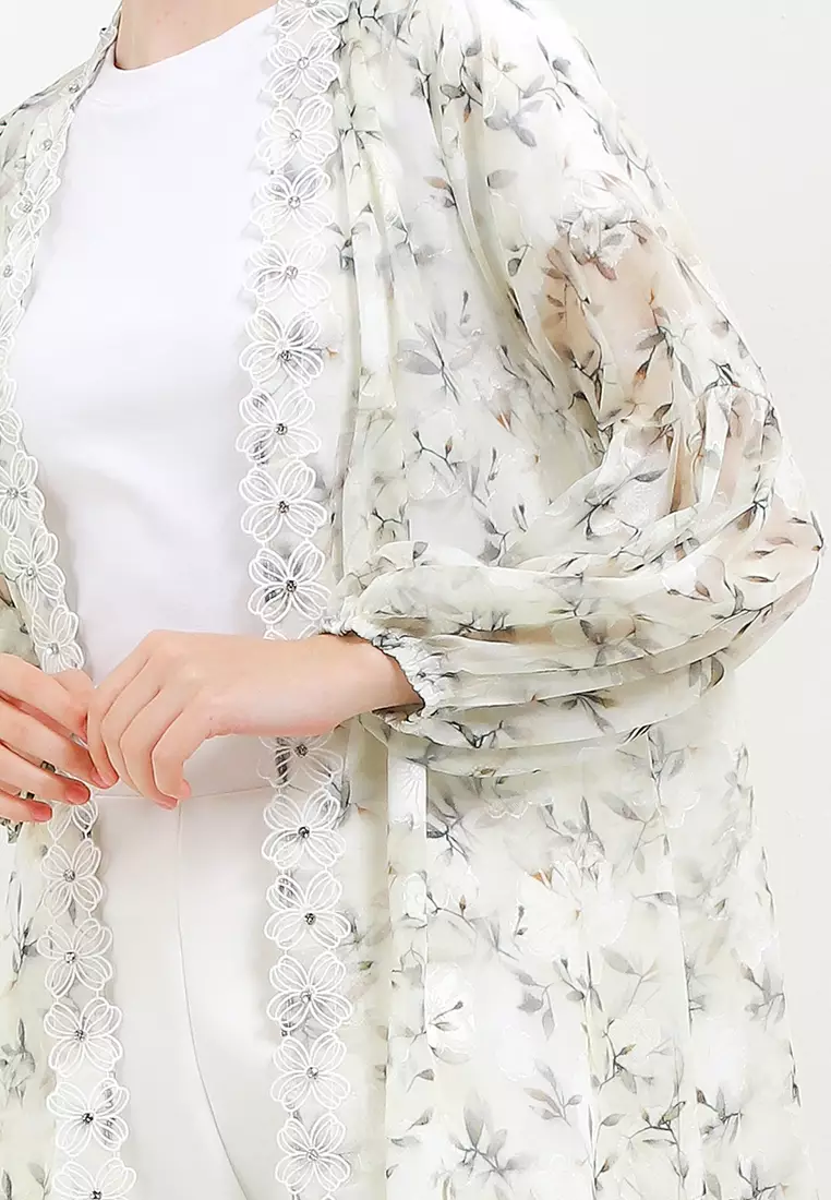 Lantern Sleeve Diamond Detail Lace Trimmed Flo Print Jacq Outer