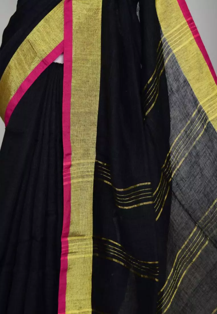 Navy-Blue Plain Patta Linen Handloom Bengal Saree