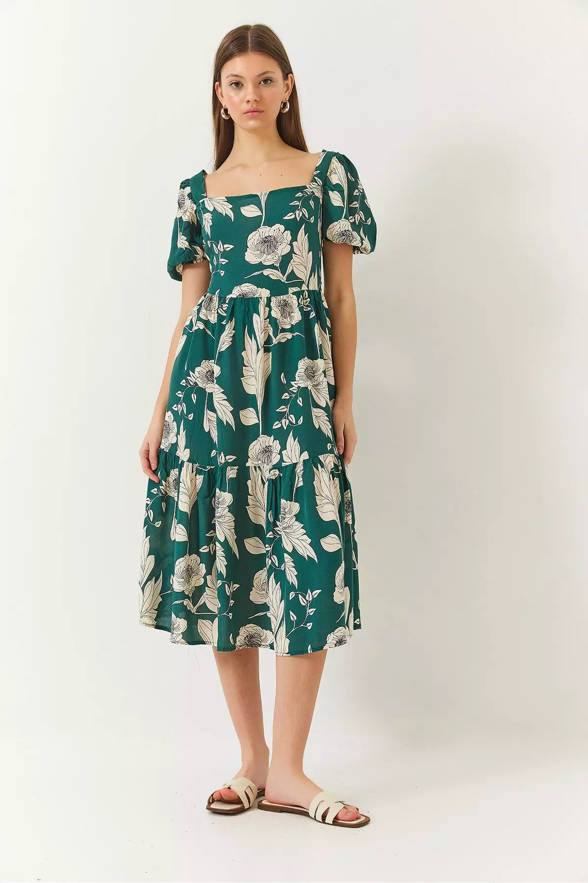 Women's Square Neck Watermelon Sleeve Floral Print Viscose Dress 60261441