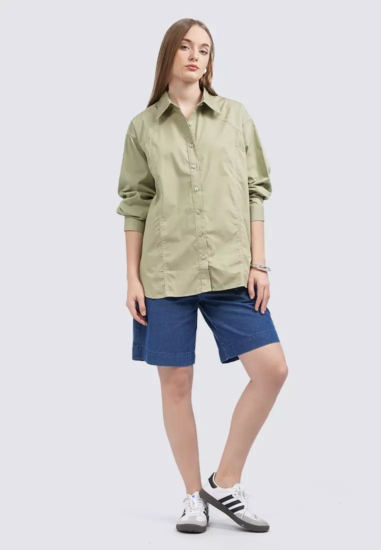 Stitched Detail Long Sleeve Blouse OLIVE