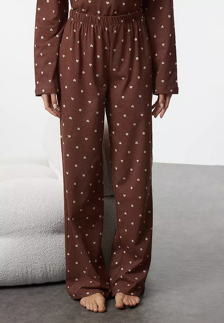 Brown 100% Cotton Polka Dot And Heart Knitted Pajama Set Thmaw25Pt00039