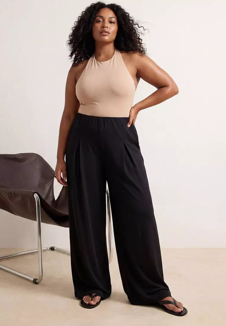 Black Pleated Wide Leg/Flared Leg Drapey Knitted Plus Size Pants Tbbss26Ar00021