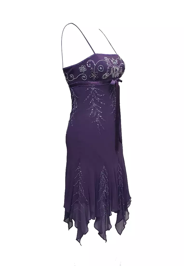 真絲雪紡釘珠不規則裙擺派對連衣裙