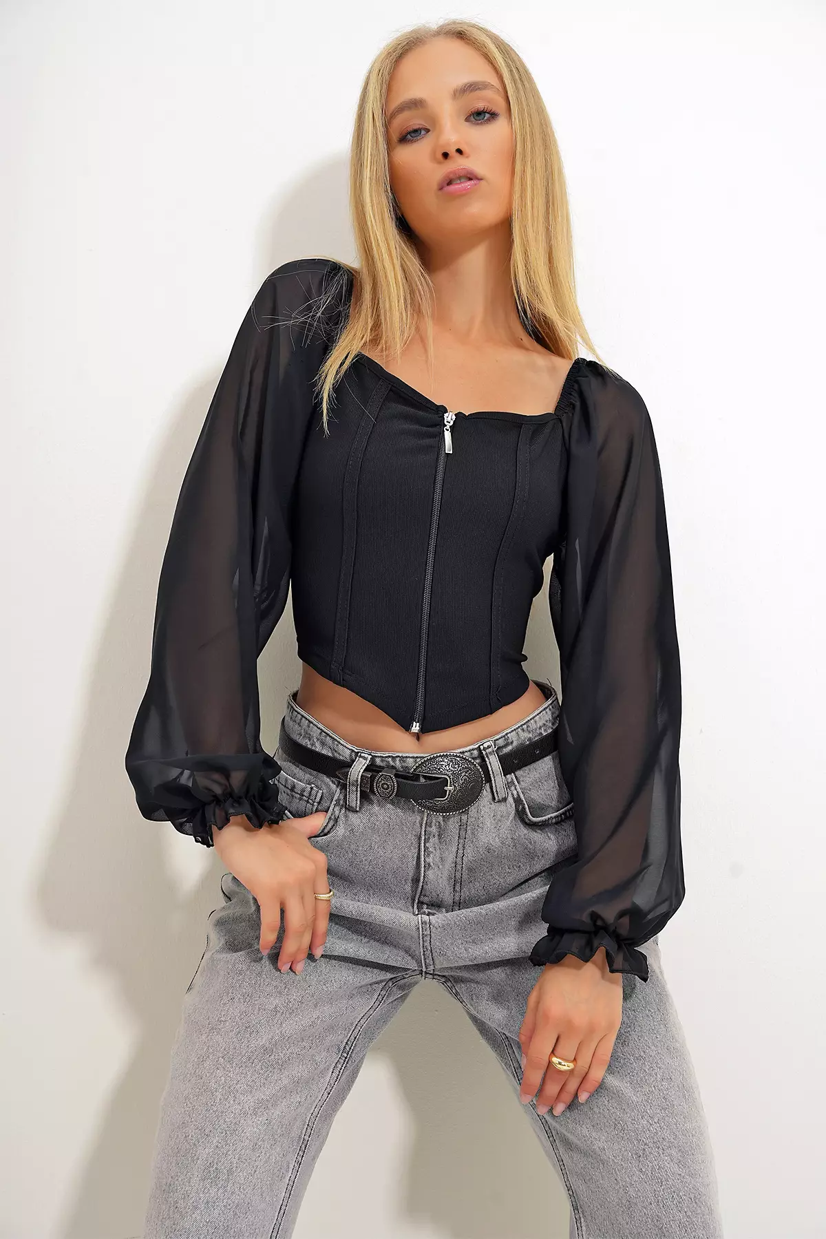 Puff Sleeve Top with Zipper