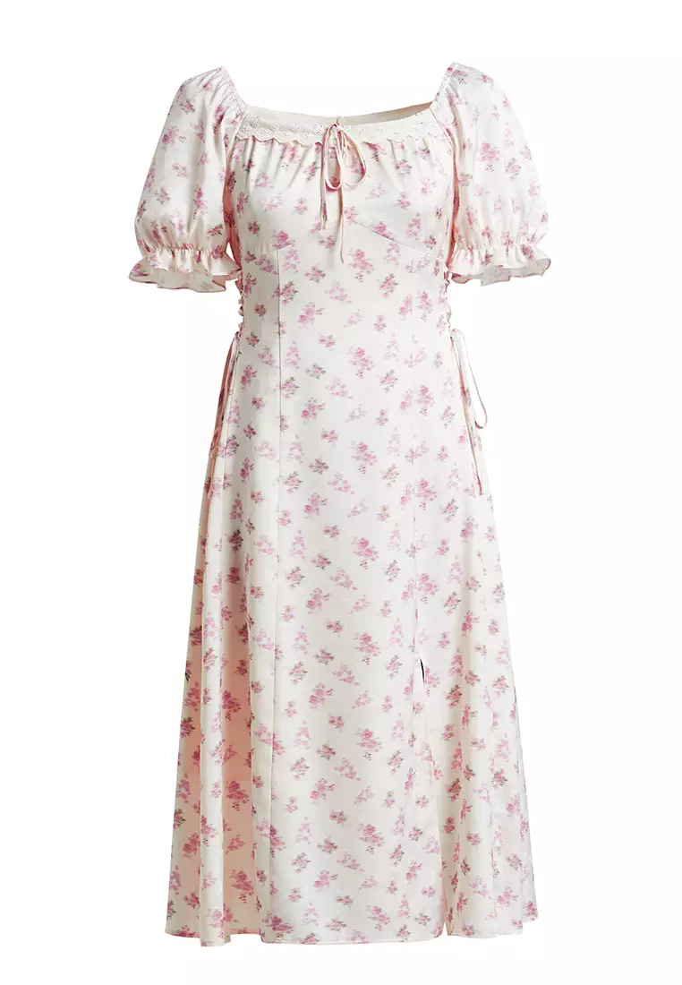 Puff Ruffled Sleeve Floral Midi Dress with Waist Tie