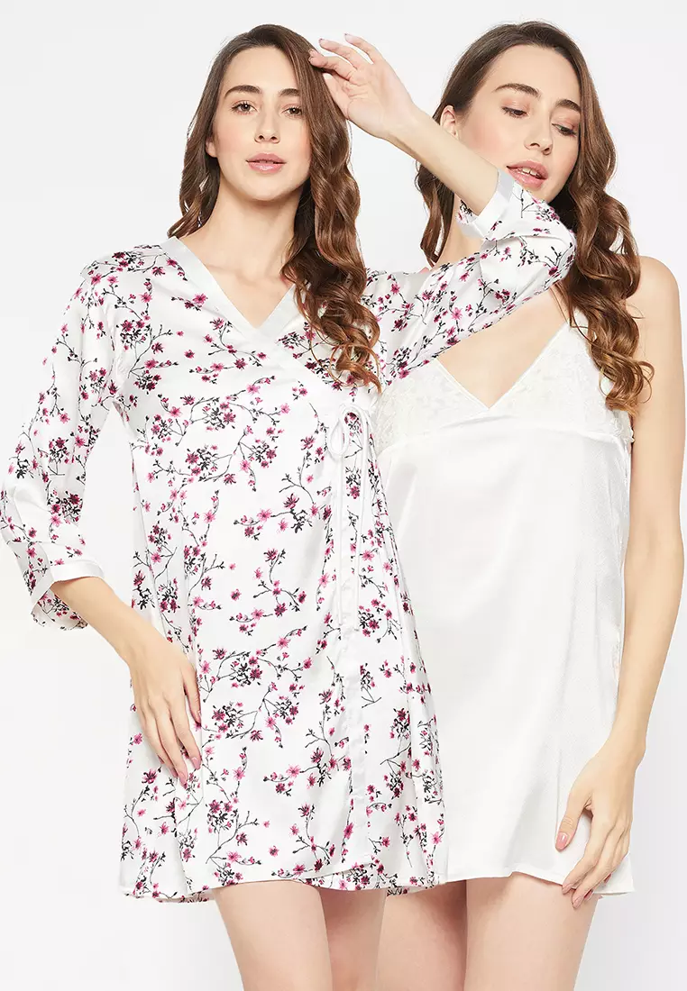 Clovia Chic Basic Short Night Dress & Pretty Florals Robe Set in White - Satin
