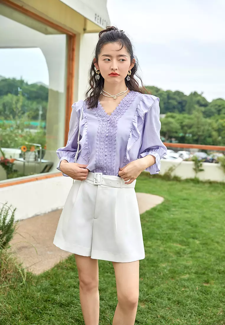 Ruffle V-Neck Lace Top