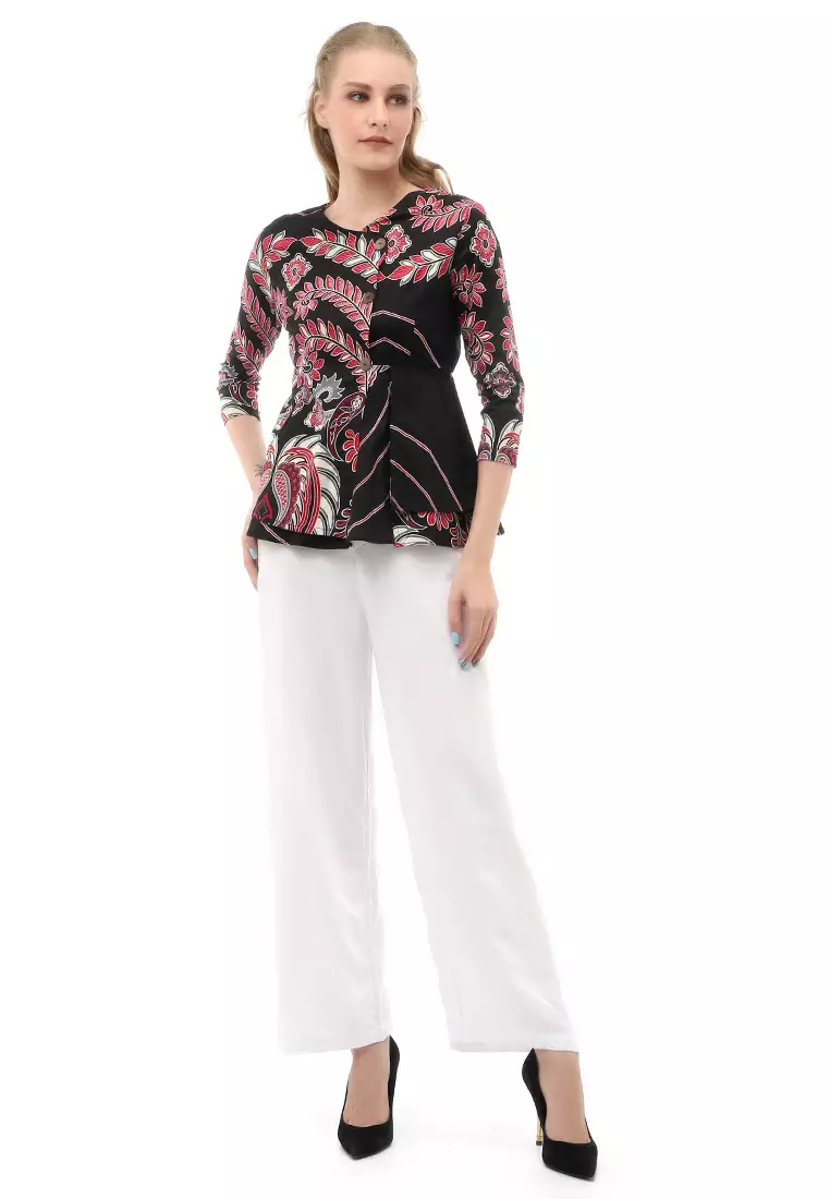 Lynelle Atasan Kasual Wanita Blouse Batik Lengan Panjang Material Cotton ORIGINAL - Red Black