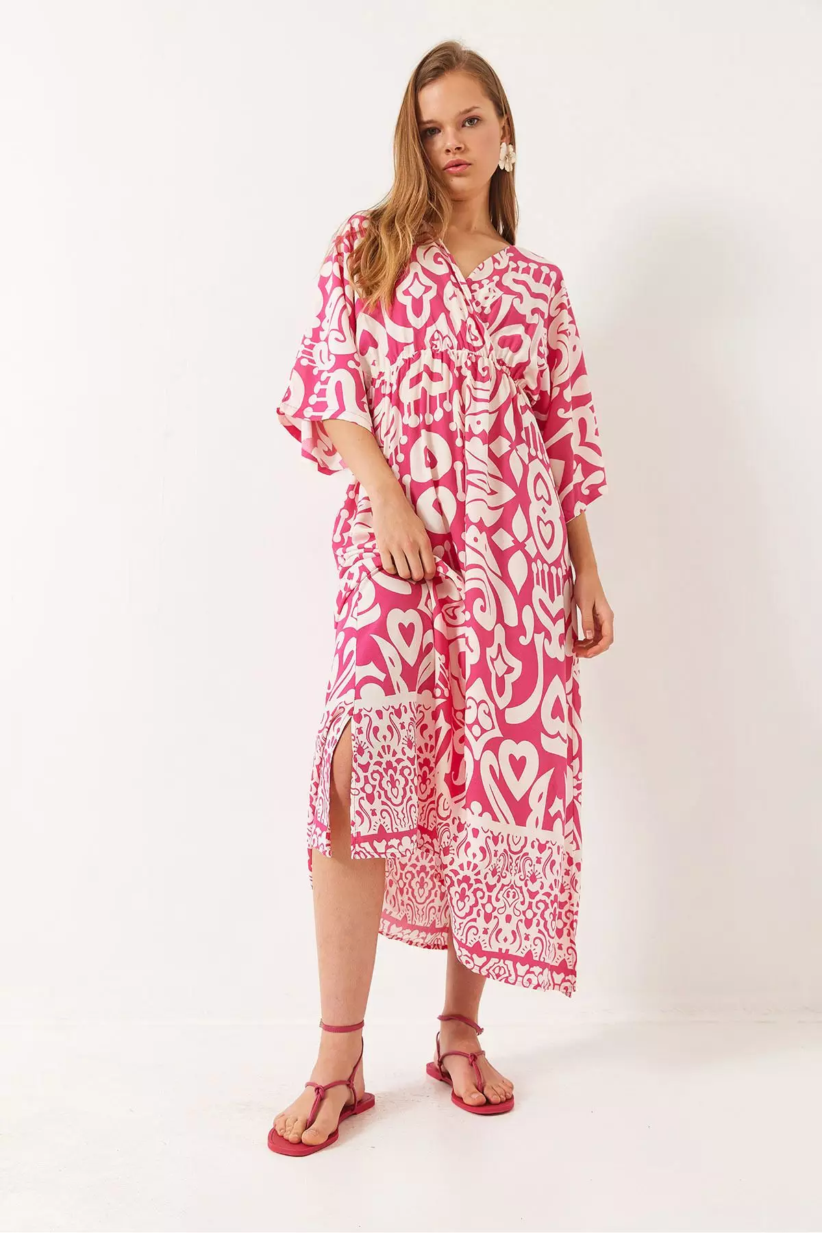 Women's Double Breasted Collar Patterned Slit Detail Woven Viscose Dress 60284018