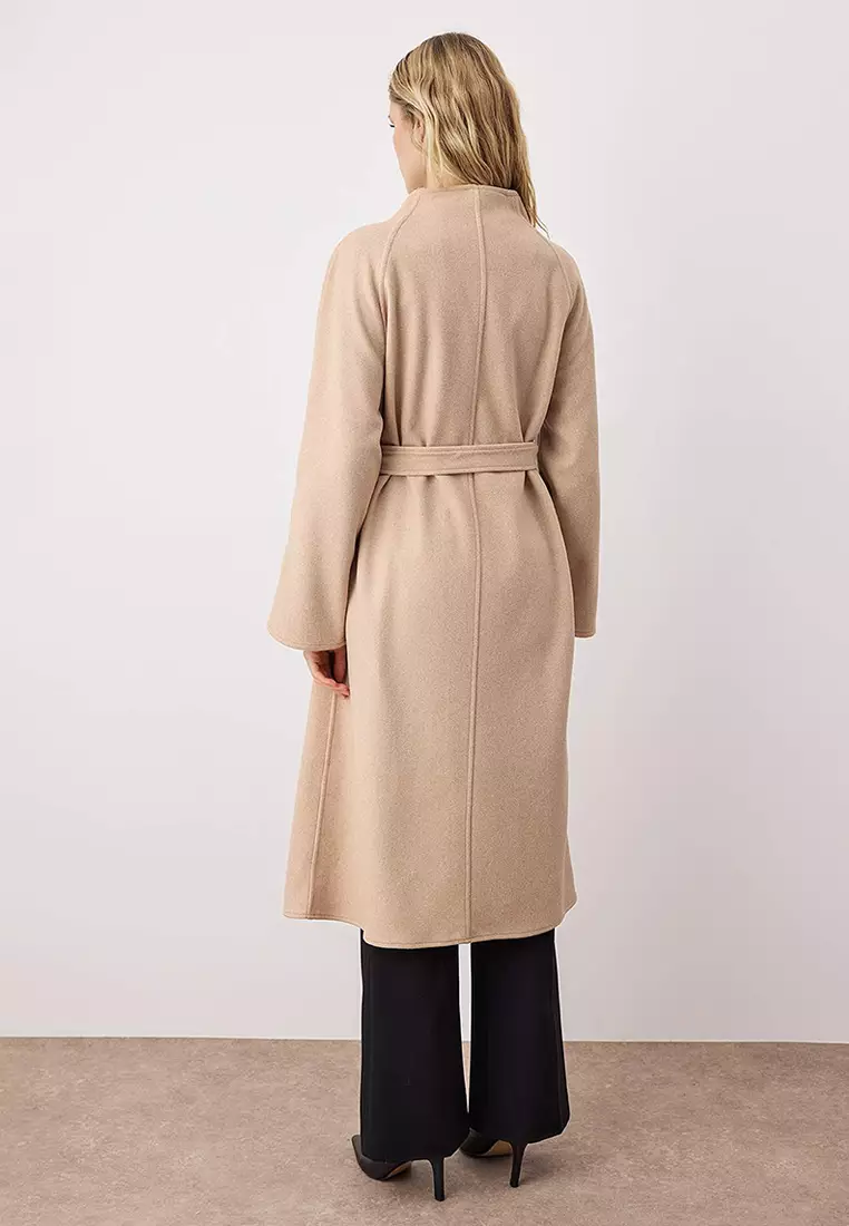 Buy Trendyol Beige Tied Collar Closure Oversize Long Cashmere Coat 2026 ...