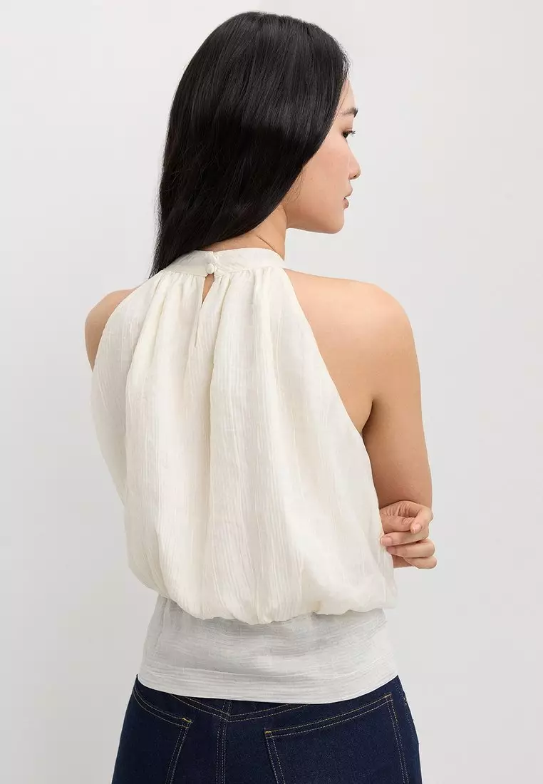 Halter Neck Blouse with Pleated Hem - Ivory