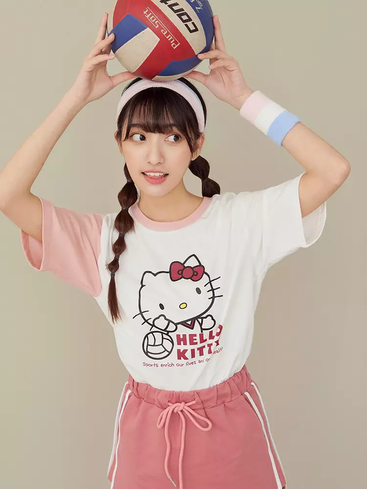 KITTY Asymmetric Color-Block Volleyball Print T-Shirt [IK0034]