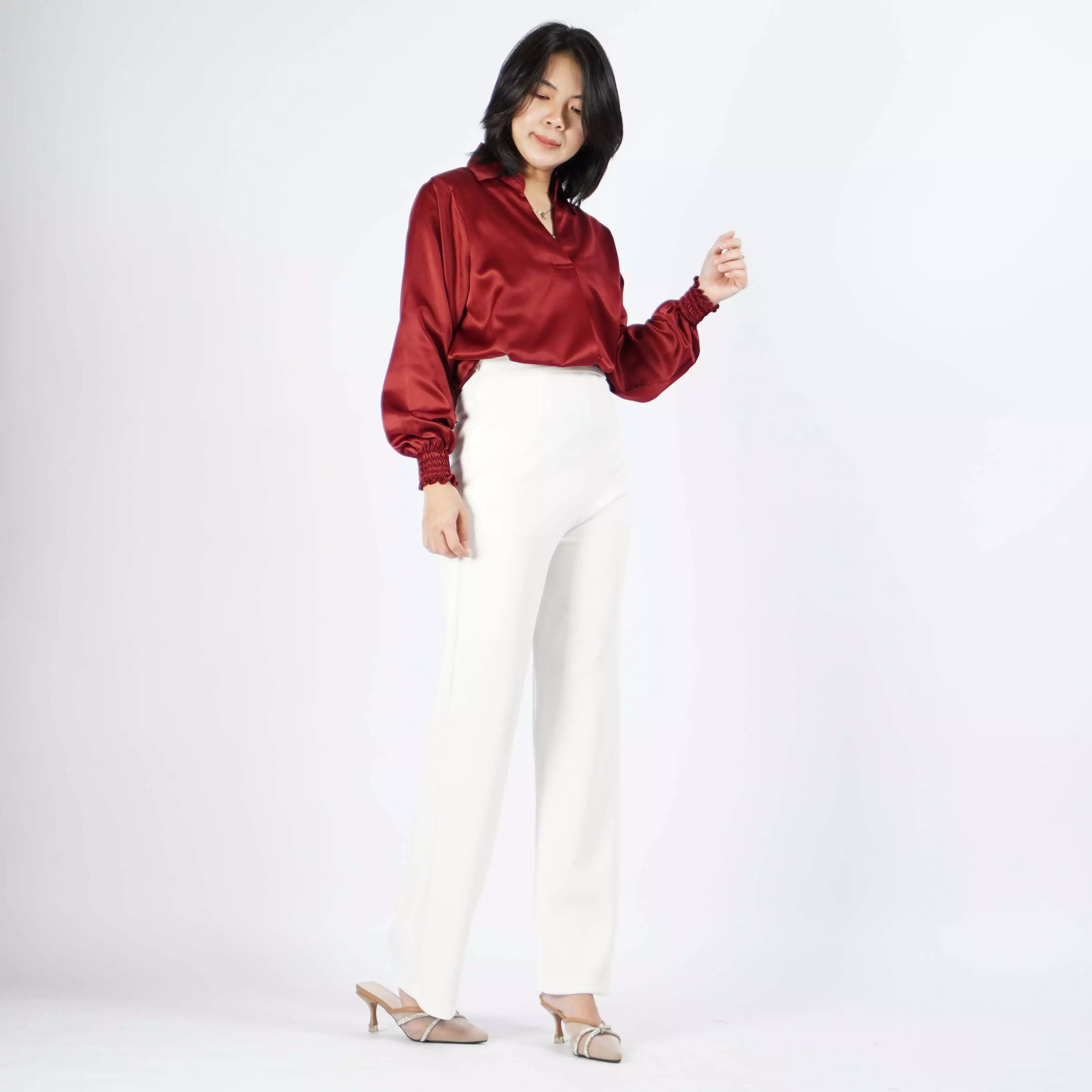  SAFIRE Top Satin Blouse Satin Gaya Korea Blus Elegan Krah V - Marun