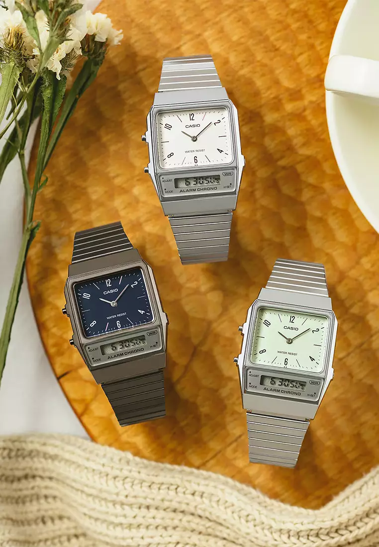 Casio Vintage Analog Digital AQ-800E-3A Jam Tangan Unisex - Light Green Dial Silver Stainless Steel