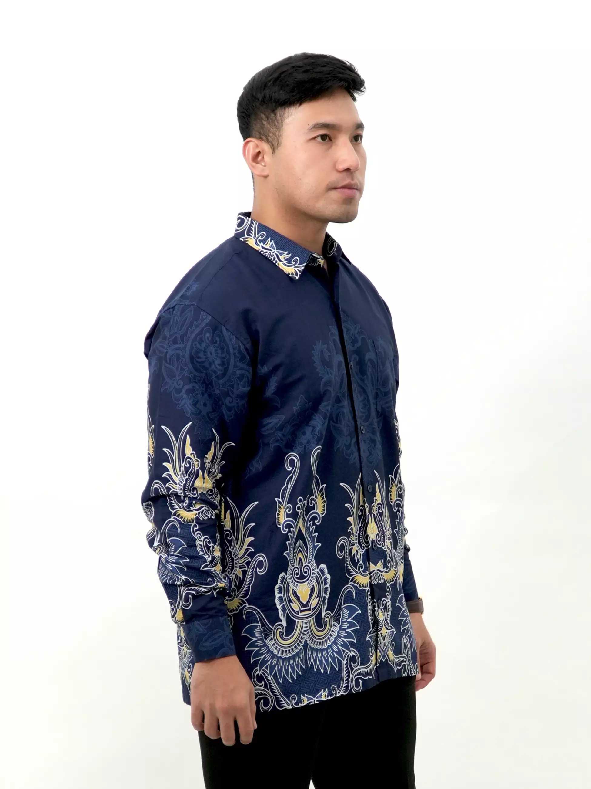 Kemeja Batik Lengan Panjang Navy Kuning 16774