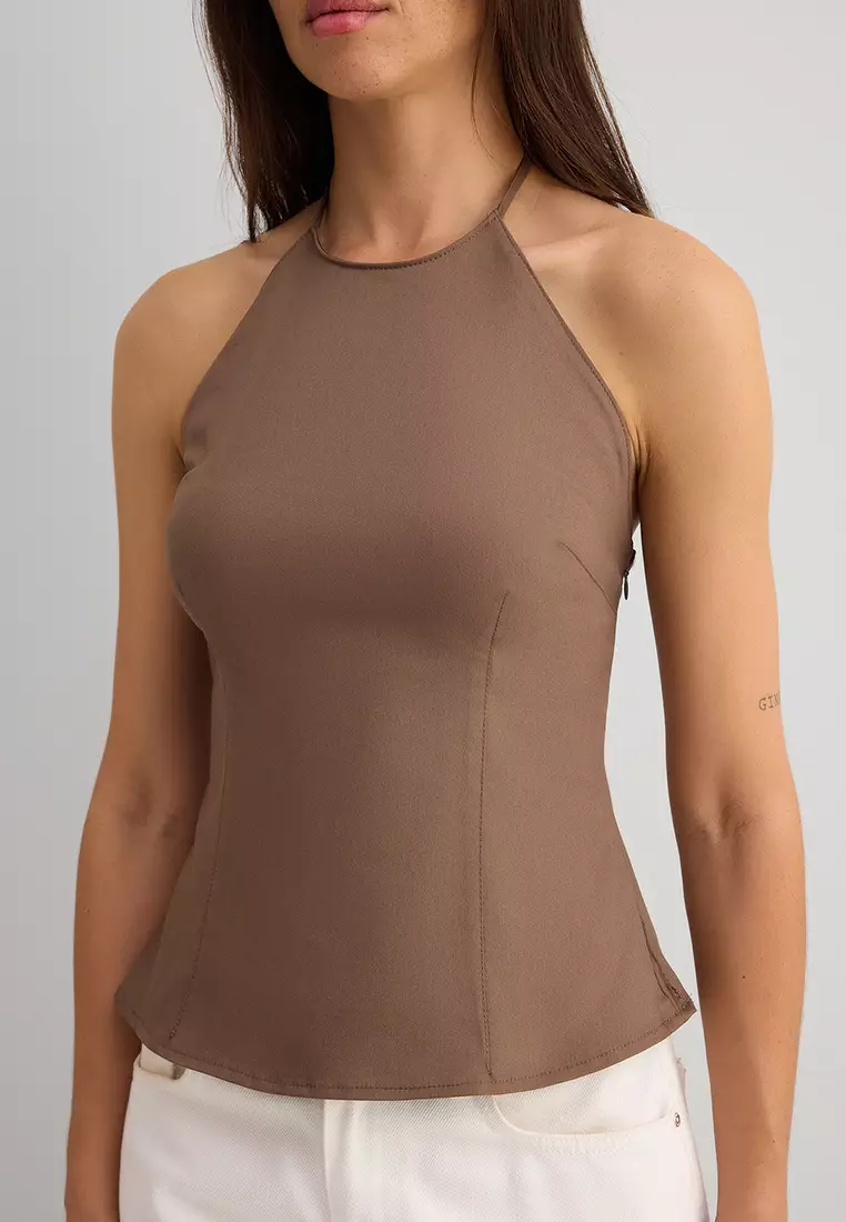 Light Brown Cotton Gabardine Halter Neck Fitted Woven Blouse TWOSS25BZ00536