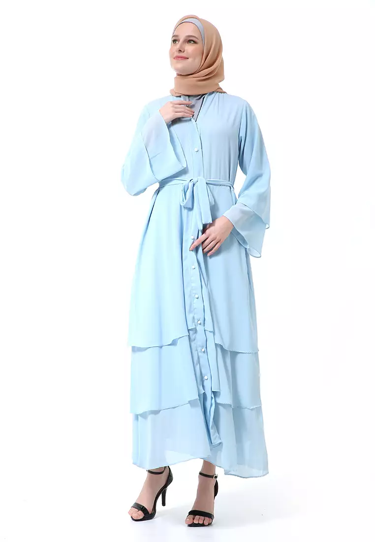 Nadeline Gamis Abaya Wanita Motif Polos Long sleeve Premium High Quality - Powder Blue