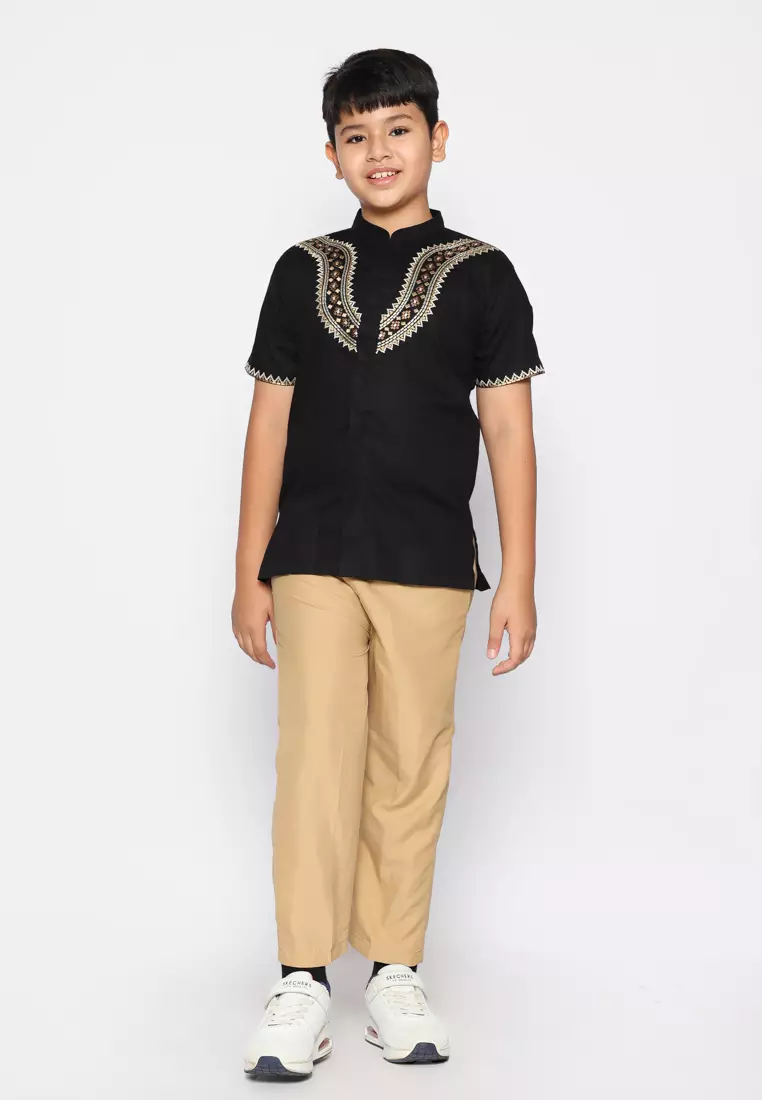 Baju Koko Set Anak Laki Bordir Viral Black - GENUINE