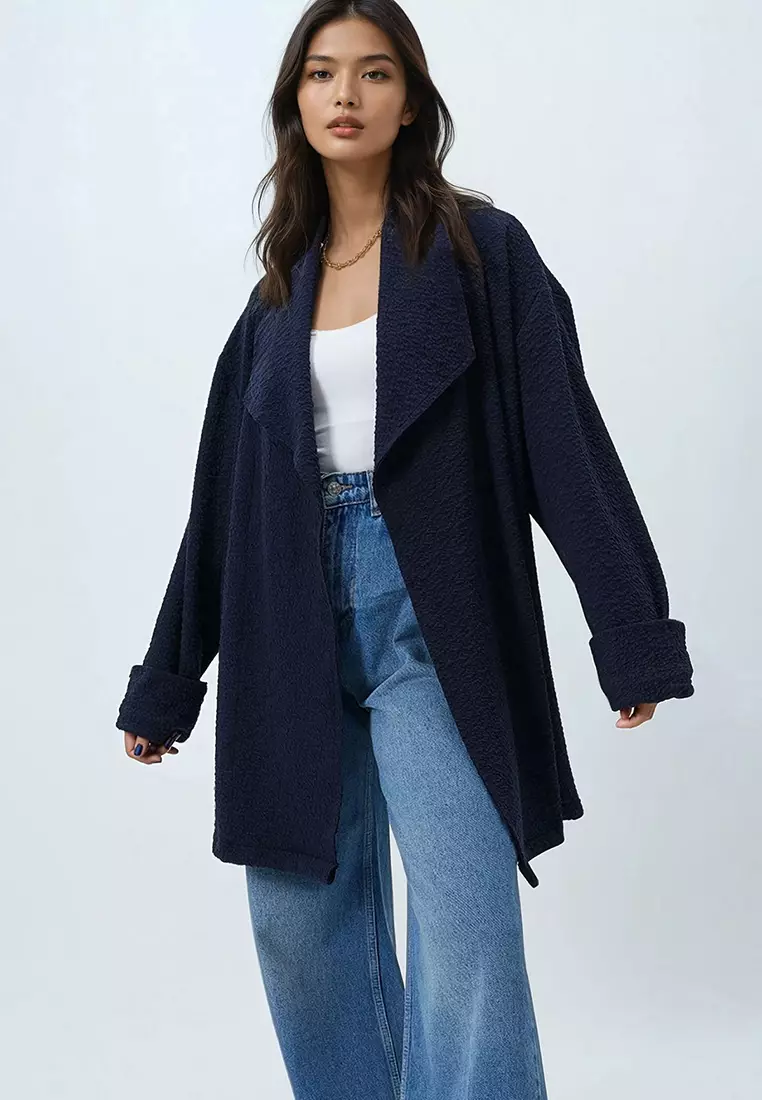 Women's Navy Blue Shawl Collar Self-Textured Belted Long Jacket Alc-X14481