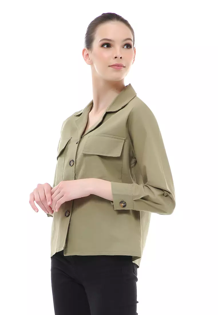 Brielle Atasan Wanita Kemeja Pocket Plain Motive Lengan Panjang Material Linen ORIGINAL - Sage Green