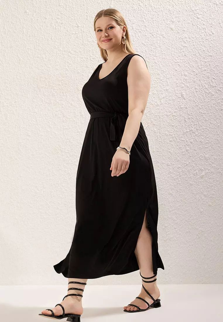 Black Tie Detail Midi V Neck Stretchy Knit Dress Tbbss25Ah00015