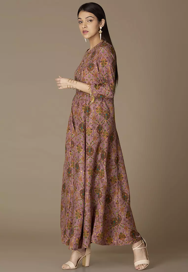 Pink Floral Glass Fringe Trim Maxi Kurta