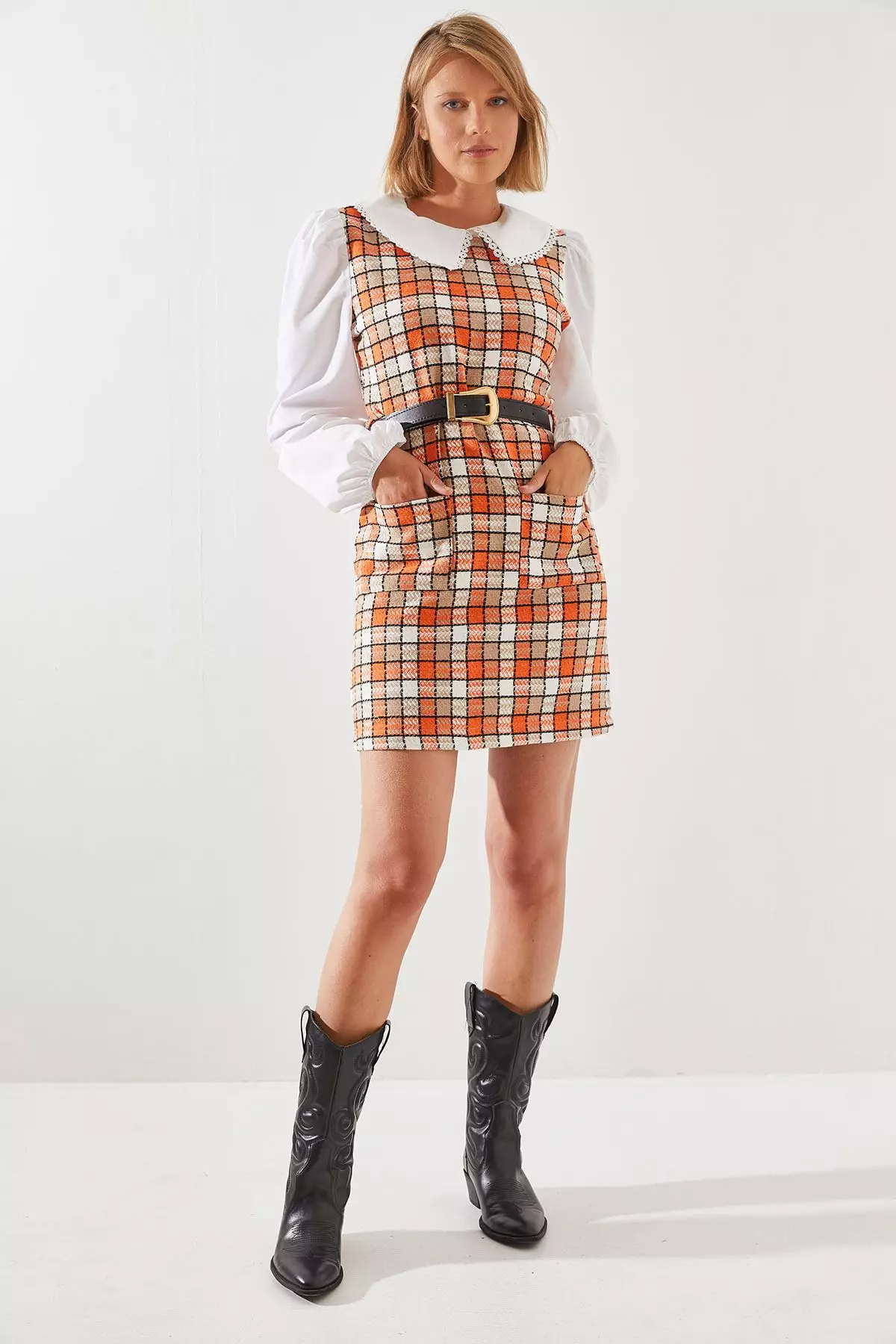 Women's Belted Plaid Patterned Collar Dress
