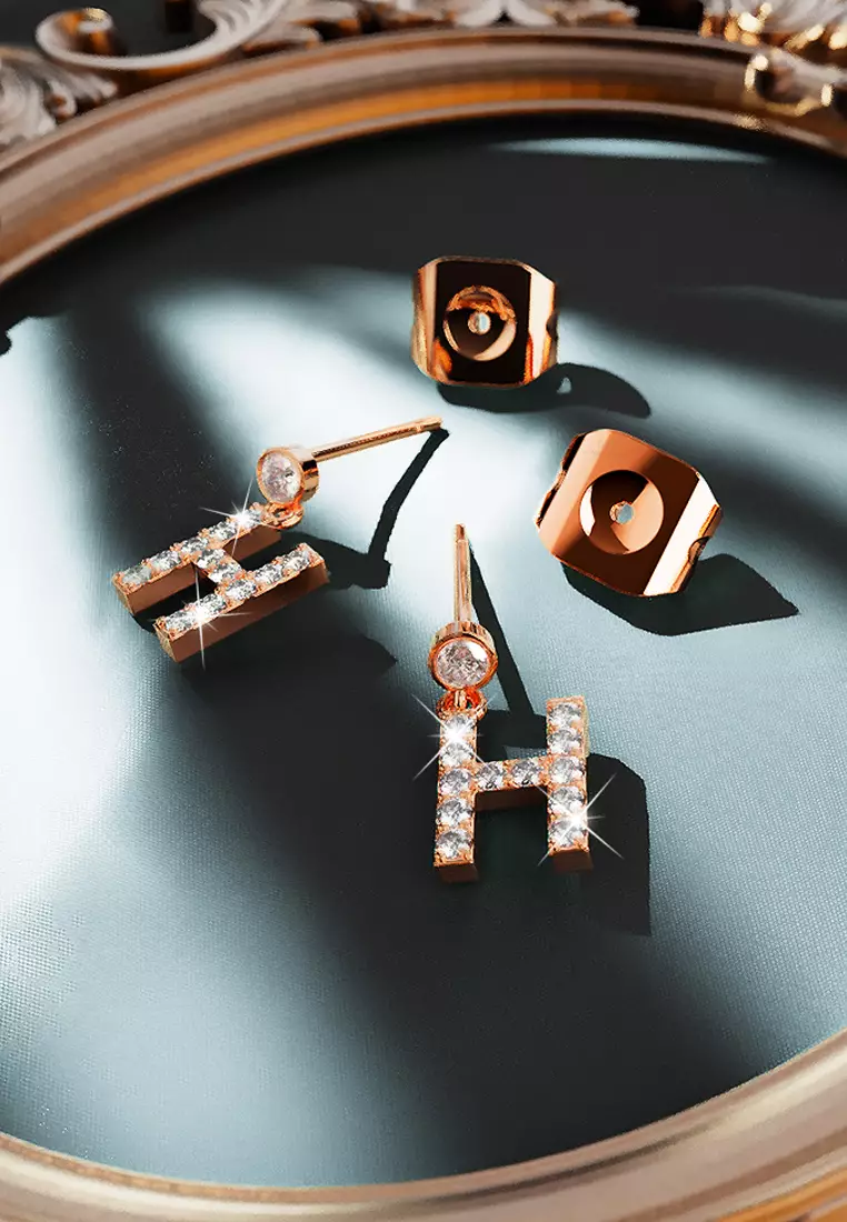 Solid 925 Sterling Silver Initial Crystal Personalised Alphabet Letter Earrings Rose Gold - H - Default